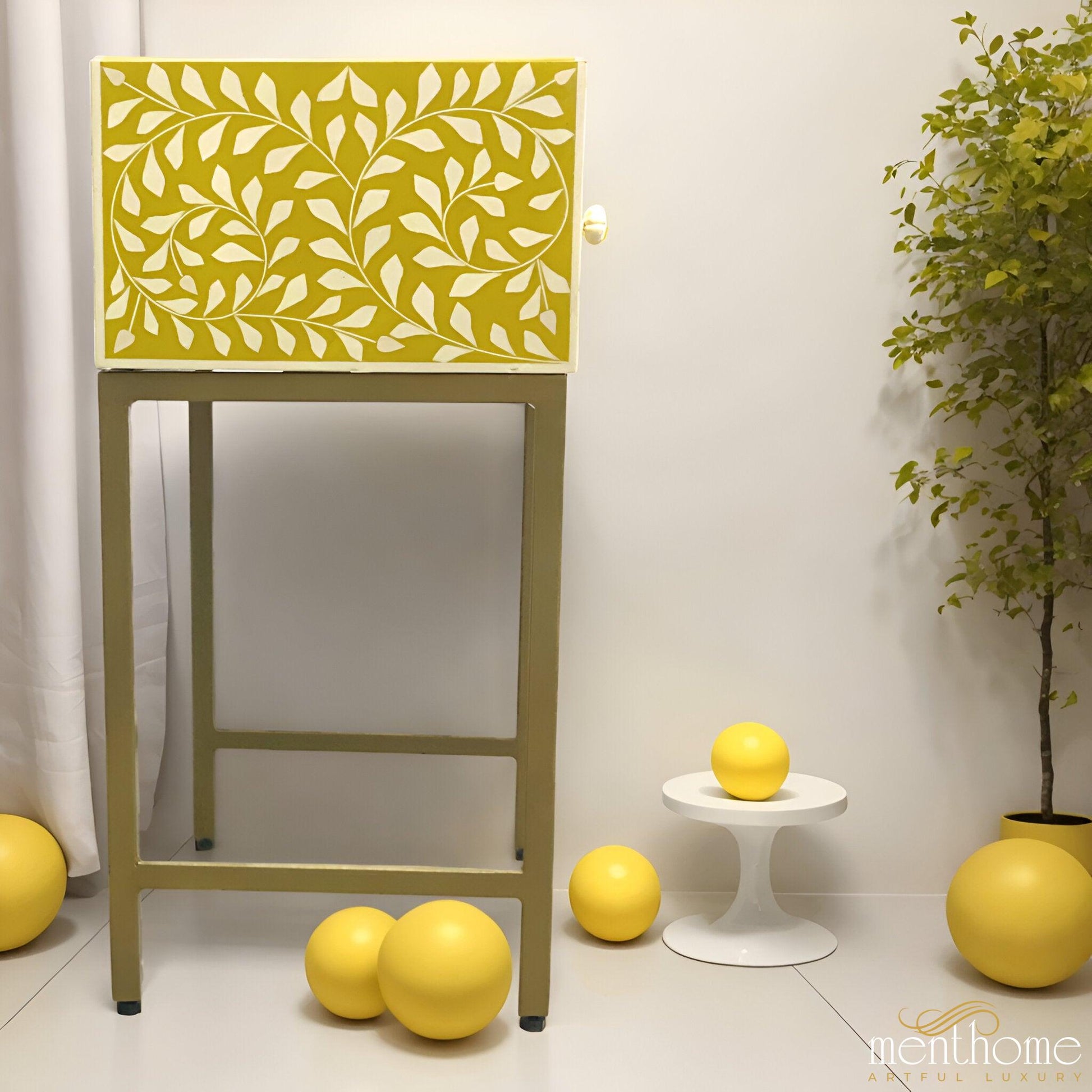 Floral Bedside Table Yellow Resin with Brass Stand | Luxury Handmade Bedside Table