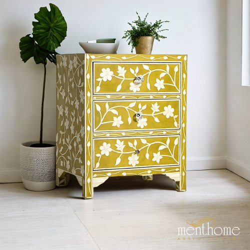 Floral Design Bone Inlay Bedside Table | Luxury Handmade Bedside Table