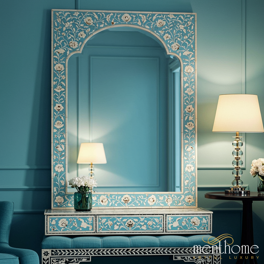Vintage Blue Floral Inlay Mirror | Luxury Handmade Mirror