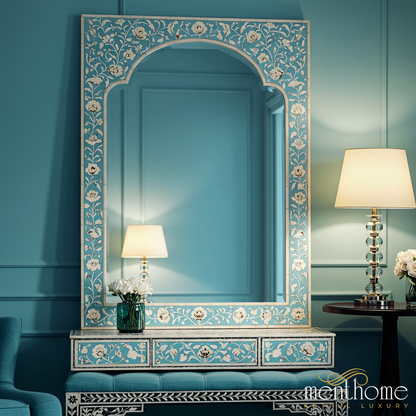 Vintage Blue Floral Inlay Mirror | Luxury Handmade Mirror