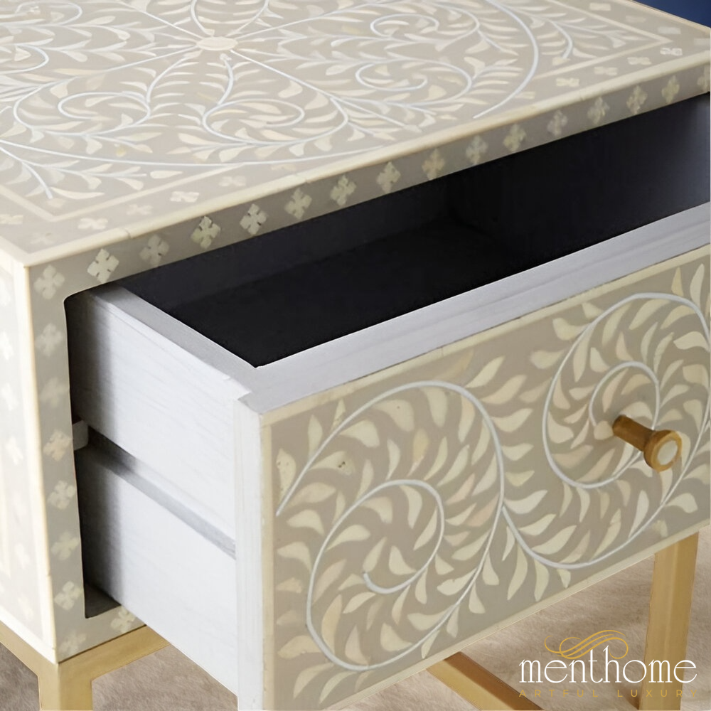 Metal Stand Floral Nightstand Bone Inlay One Drawer | Luxury Handmade Bedside Table