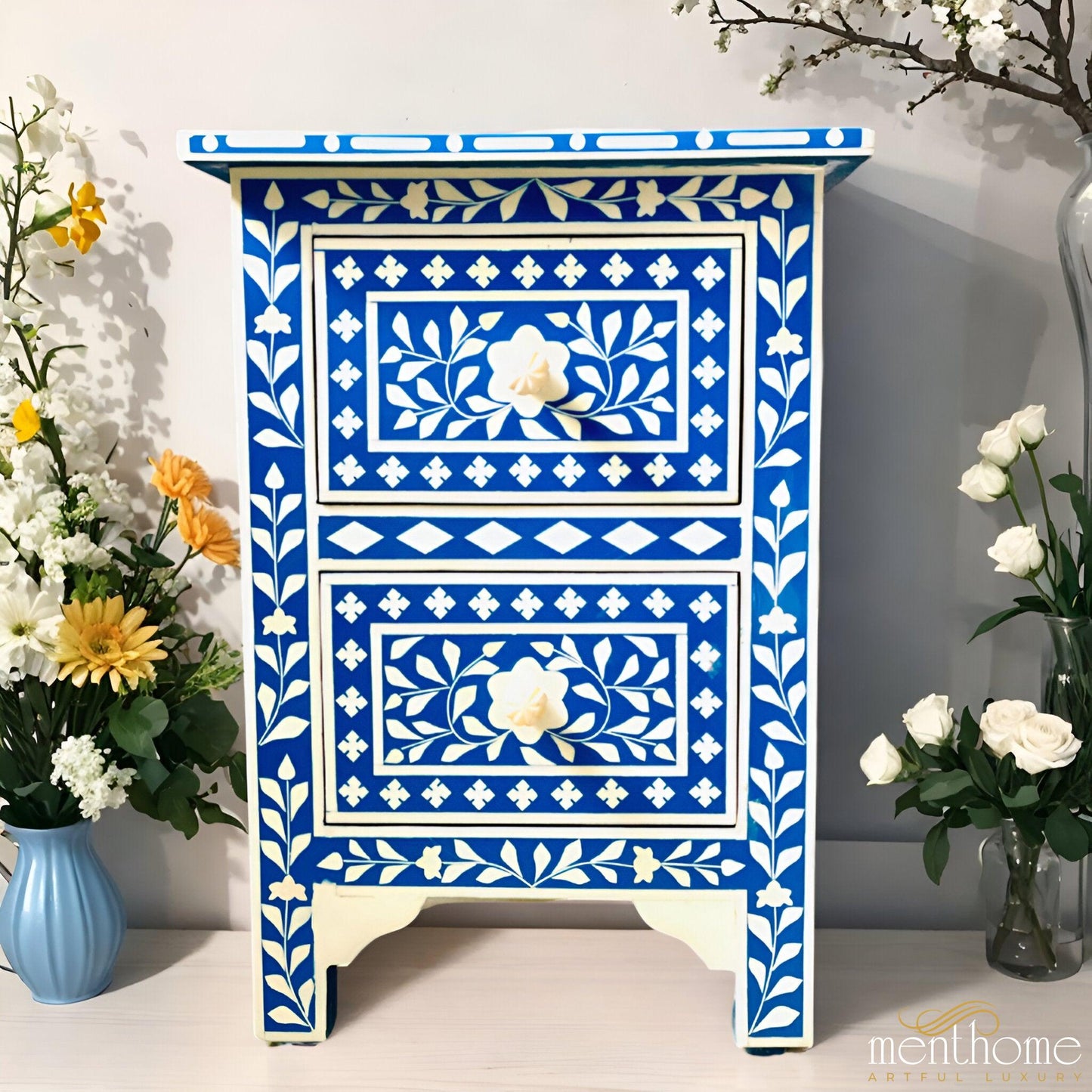 Floral Pattern Blue Resin Bedside Table | Luxury Handmade Bedside Table