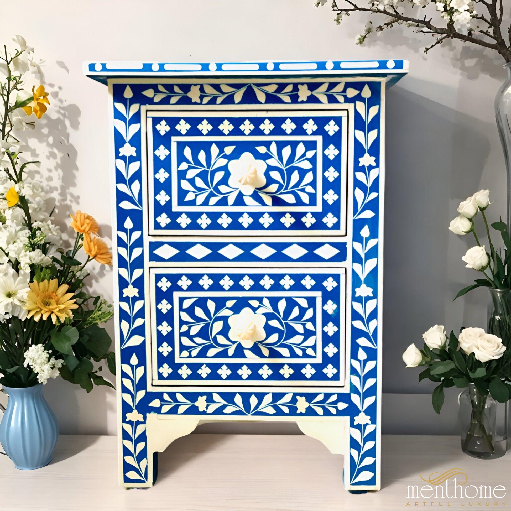 Floral Pattern Blue Resin Bedside Table | Luxury Handmade Bedside Table