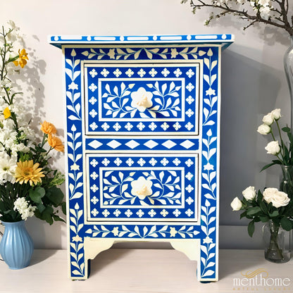 Floral Pattern Blue Resin Bedside Table | Luxury Handmade Bedside Table