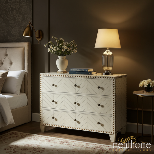 Elegant White Wooden Dresser with Decorative Chevron Pattern | Luxury Handmade Dresser