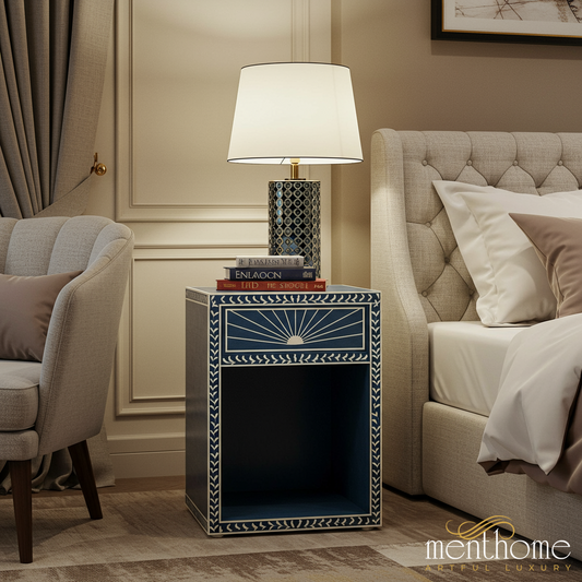 Decorative Blue and White Patterned Bedside Table | Luxury Handmade Bedside Table