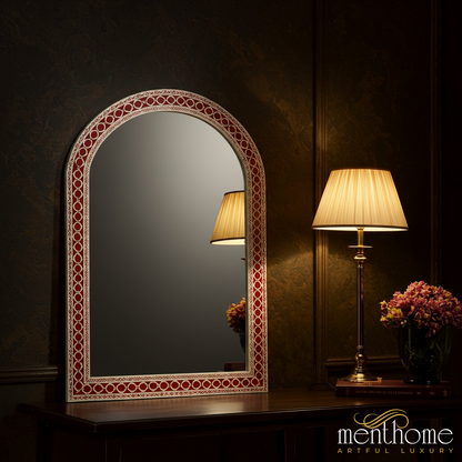 Elegant Arched Mirror with Decorative Red and Gold Frame | Luxury Handmade Mirror