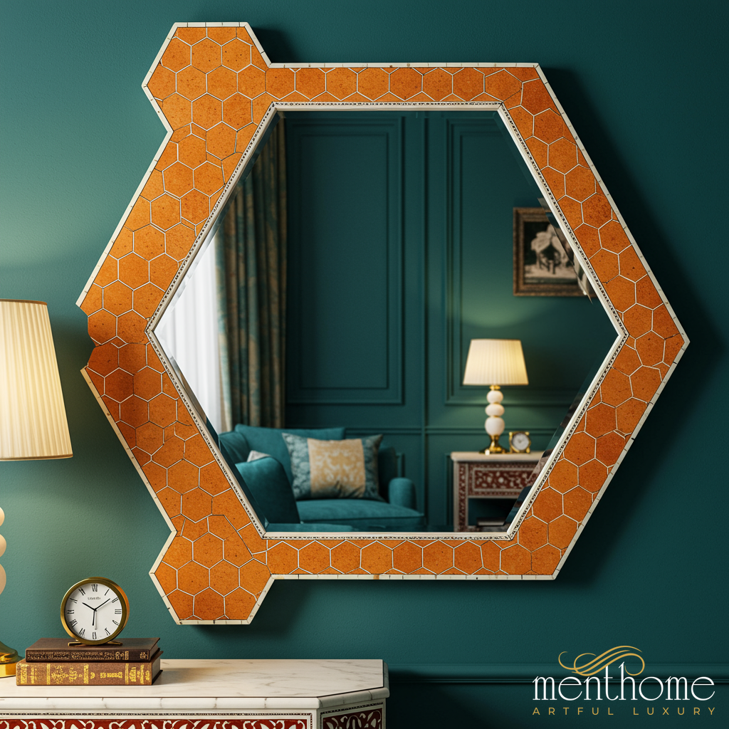 Hexagonal Decorative Wall Mirror with Orange Mosaic Frame | Luxury Handmade Mirror