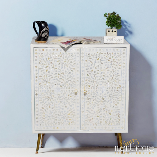 Mother of Pearl 2-door cabinet with brass leg | Luxury Handmade Cabinet