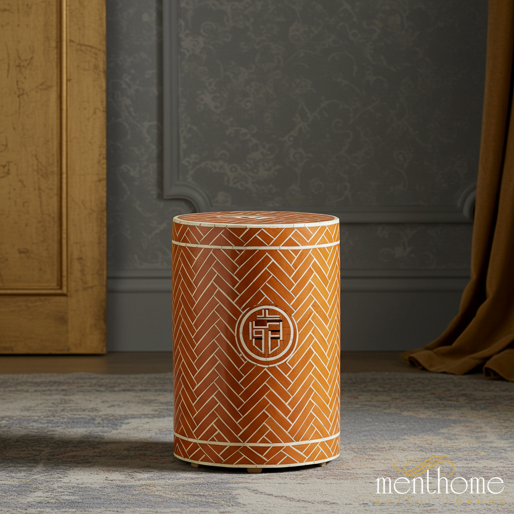 Decorative Cylindrical Wooden Stool with Geometric Pattern | Luxury Ha ...
