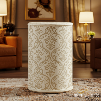 Decorative Round Side Table with Elegant Beige Damask Pattern | Luxury Handmade Stool