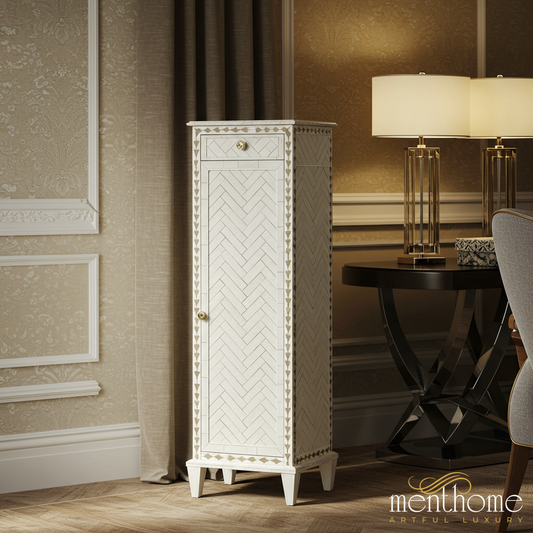 Elegant White Decorative Storage Cabinet | Luxury Handmade Tallboy