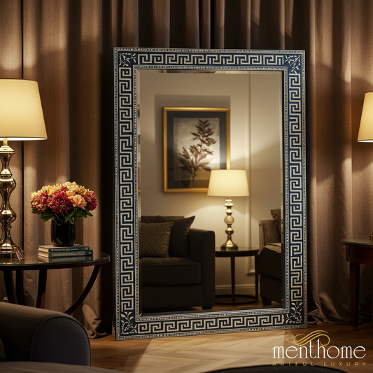 Large Decorative Floor Mirror with Greek Key Pattern Frame | Luxury Handmade Mirror