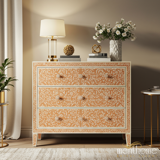 Handcrafted Floral Inlay Wooden Chest of Drawers | Luxury Handmade Dresser