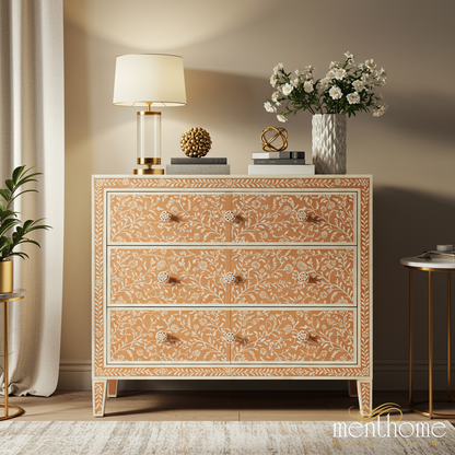 Handcrafted Floral Inlay Wooden Chest of Drawers | Luxury Handmade Dresser
