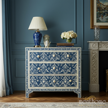 Handcrafted Blue and White Floral Bone Inlay Chest of Drawers | Luxury Handmade Chest of Drawer