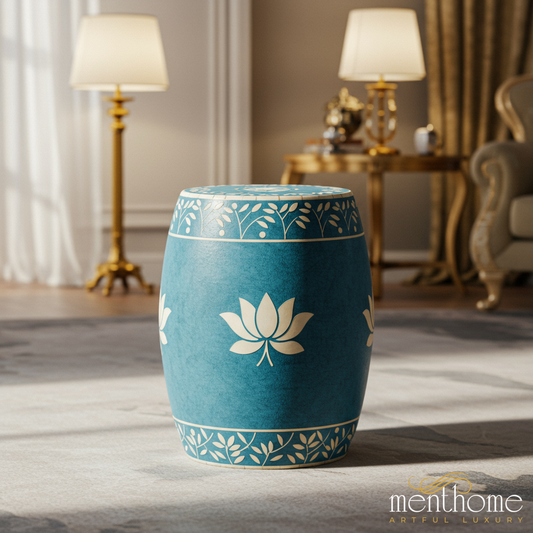Decorative Blue Lotus inlay Garden Stool | Luxury Handmade Stool