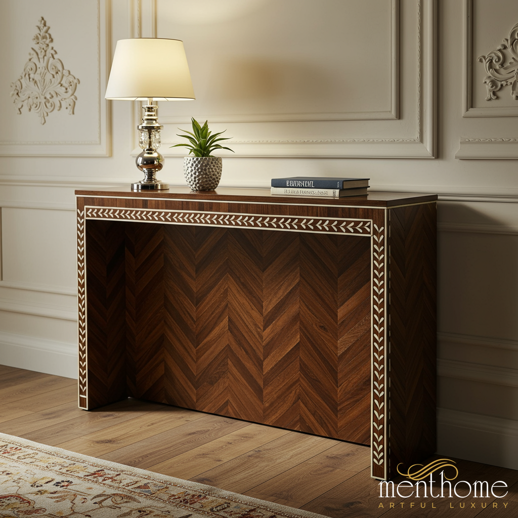 Elegant Chevron Wood Console Table with Inlaid Leaf Pattern | Luxury H ...