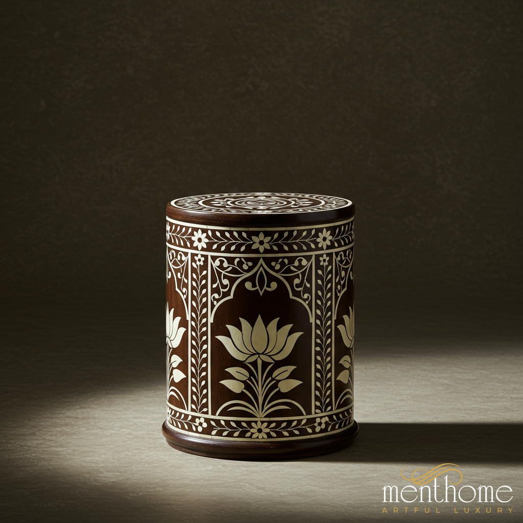 Handcrafted Wooden Floral Inlay Container | Luxury Handmade Stool ...