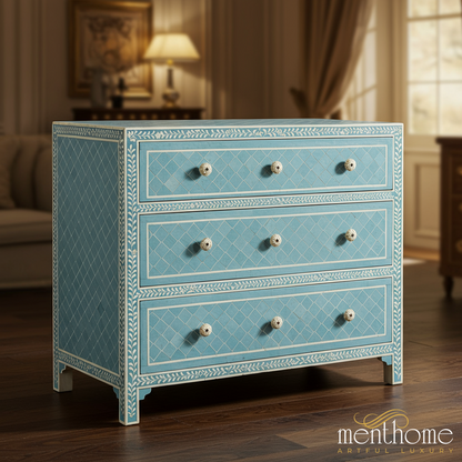 Handcrafted Blue Decorative Three-Drawer Chest | Luxury Handmade Chest of Drawer