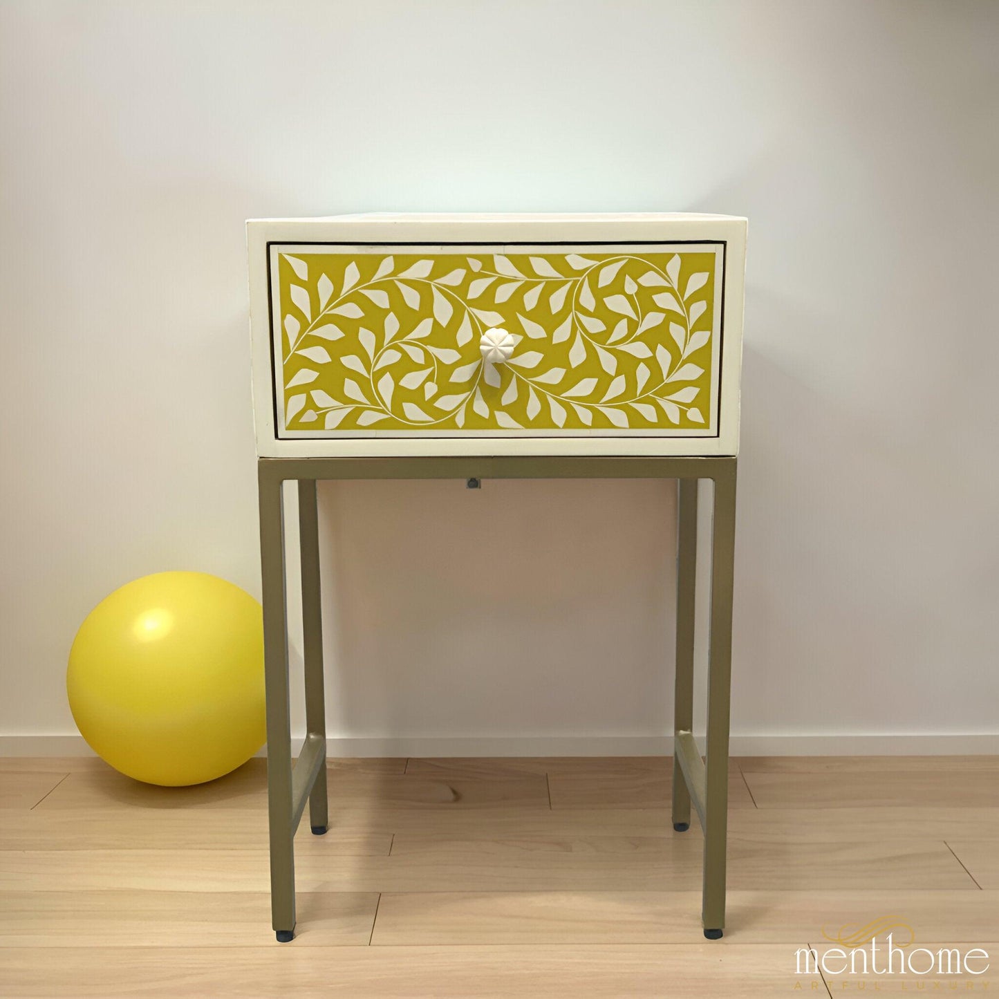 Floral Bedside Table Yellow Resin with Brass Stand | Luxury Handmade Bedside Table