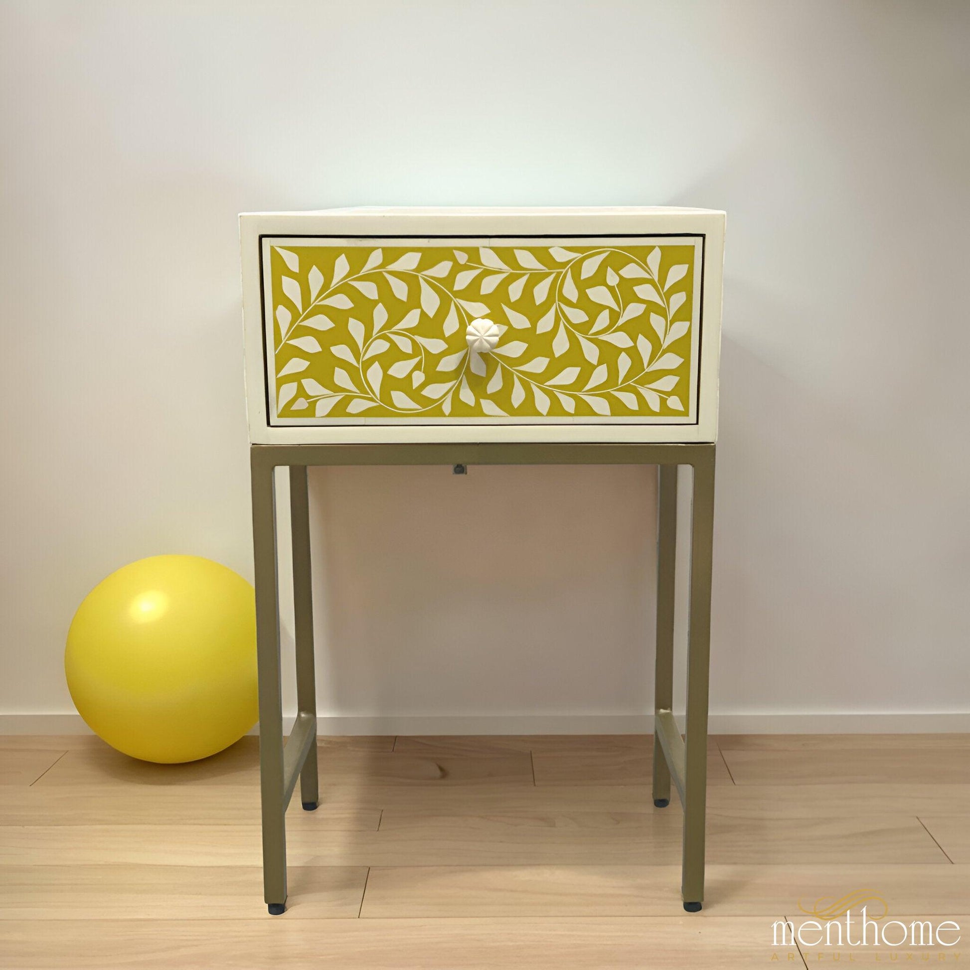 Floral Bedside Table Yellow Resin with Brass Stand | Luxury Handmade Bedside Table