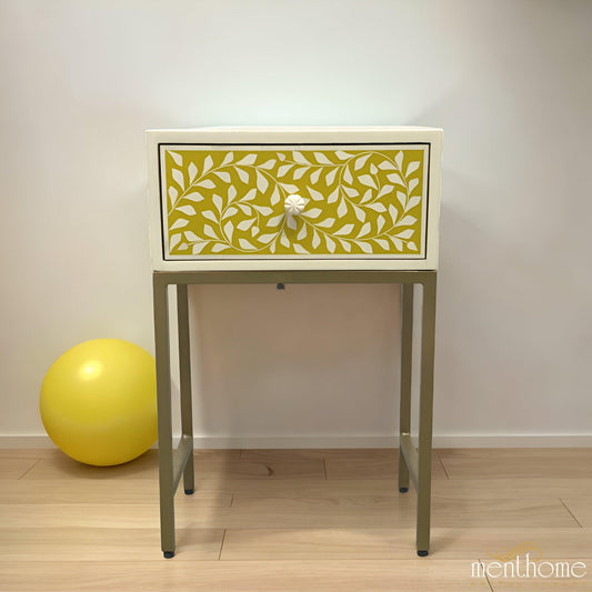 Floral Bedside Table Yellow Resin with Brass Stand | Luxury Handmade Bedside Table