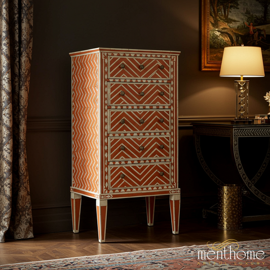 Hand-Painted Chevron Pattern Wooden Tall Chest of Drawers | Luxury Handmade Tallboy