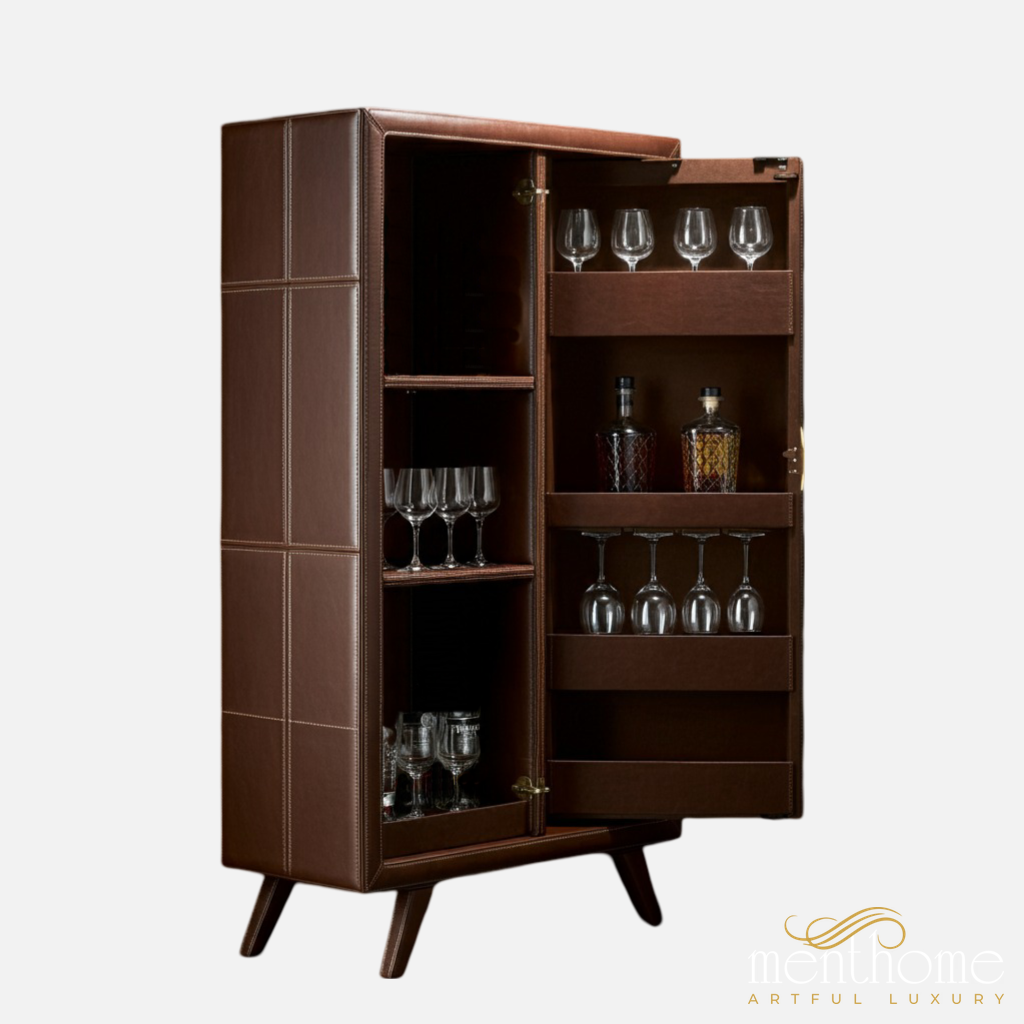 Executive Leather Bar Cabinet - Sleek and Refined Bar Storage Solution | Luxury Handmade Bar Cabinet