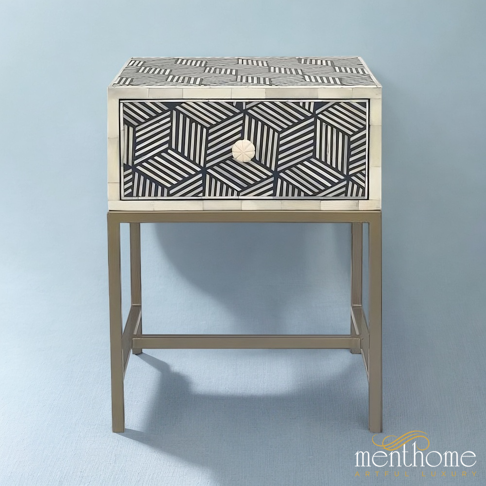 Cube Bedside Table with Iron Bas | Luxury Handmade Bedside Table