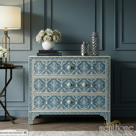 Handcrafted Blue Floral Patterned Chest of Drawers | Luxury Handmade Chest of Drawer