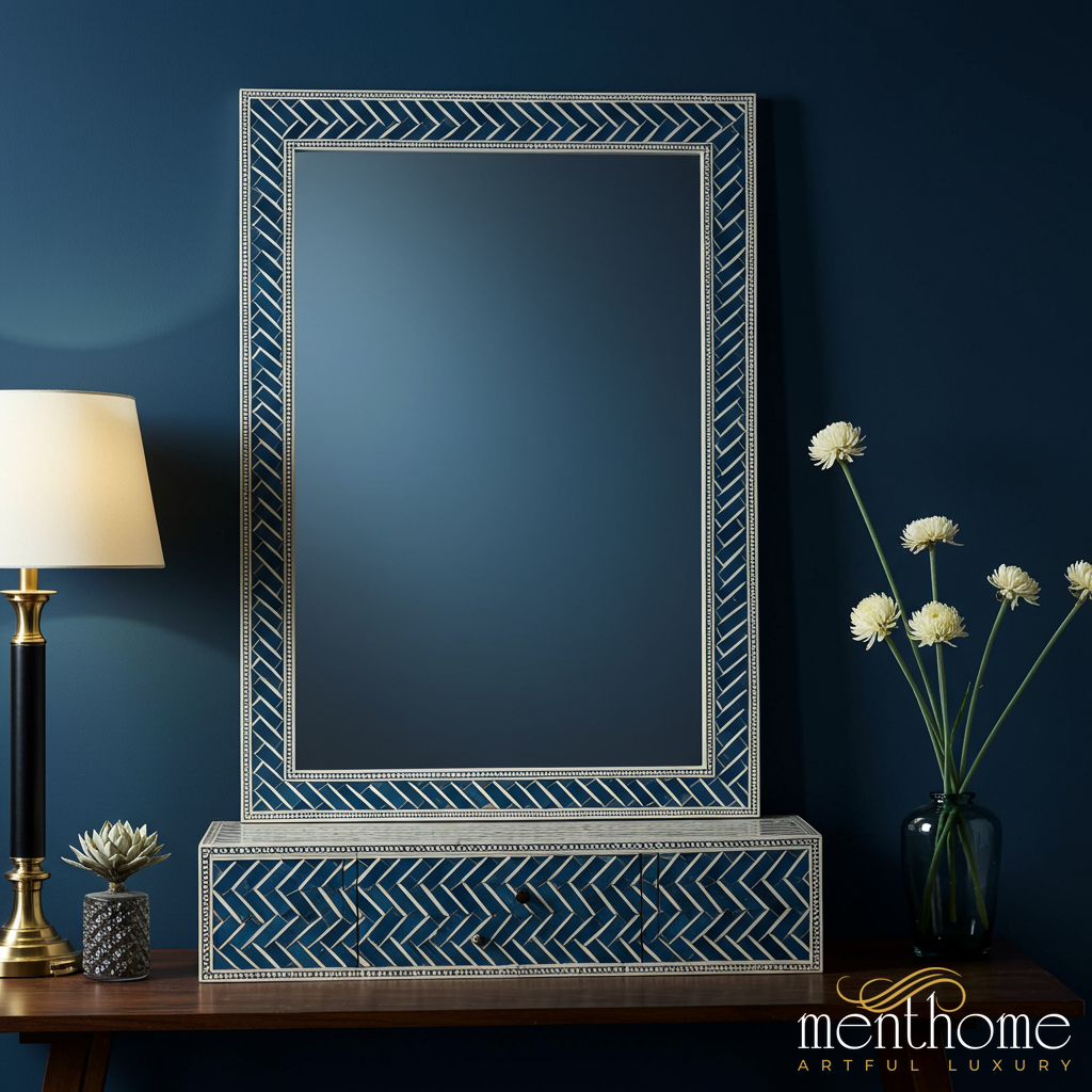 Decorative Blue Bone Inlay Mirror with Storage Cabinet | Luxury Handmade Mirror