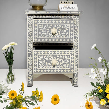 Bone Inlay Grey Floral 2 Drawer Nightstand | Luxury Handmade Bedside Table