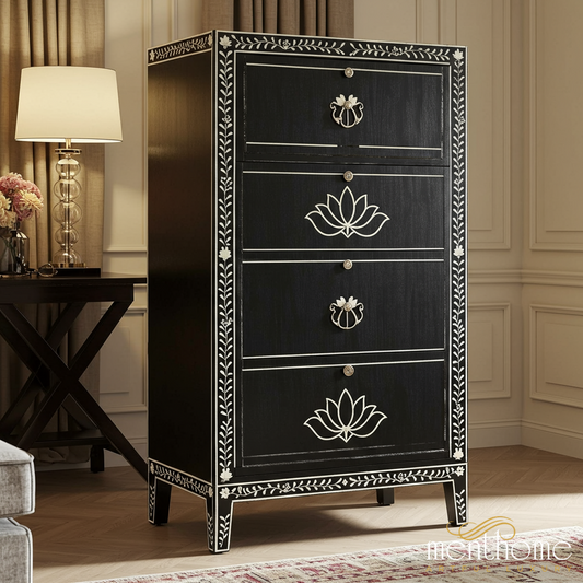 Black Hand-Painted Wooden Chest of Drawers with Floral Motif | Luxury Handmade Tallboy