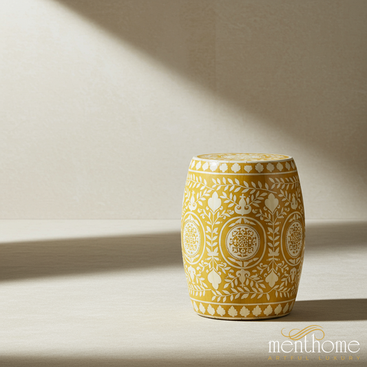 Decorative inlay Garden Stool with Intricate White Floral Patterns | Luxury Handmade Stool