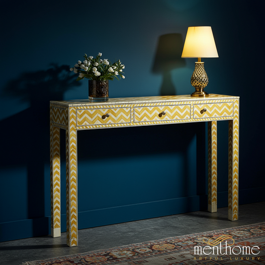 Yellow Chevron Console Table with 3 Drawers | Luxury Handmade Console