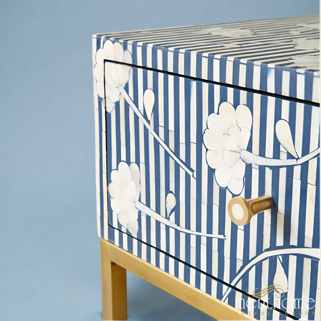 Flower Pattern Bedside Table with Metal Base | Luxury Handmade Bedside Table