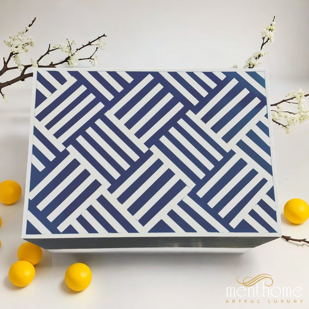 Optical Design Resin Navy Blue Bedside Table with Brass Stand | Luxury Handmade Bedside Table
