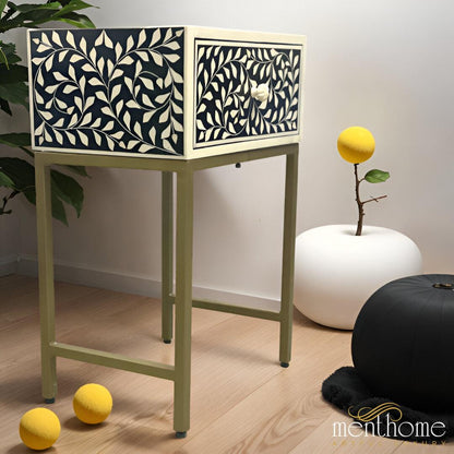Floral Design Resin 1 Drawer Bedside Table with Brass Stand | Luxury Handmade Bedside Table