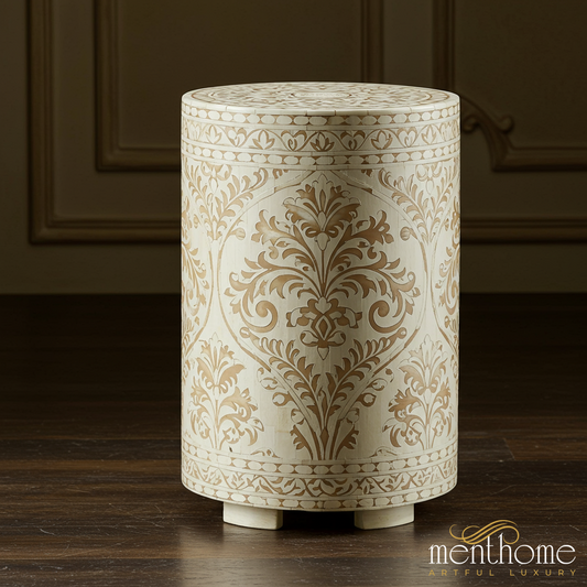 Handcrafted Bone Inlay Drum Table with Floral Pattern | Luxury Handmade Stool