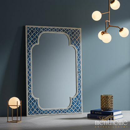 Moroccan Style Decorative Wall Mirror with Blue Inlaid Frame | Luxury Handmade Mirror