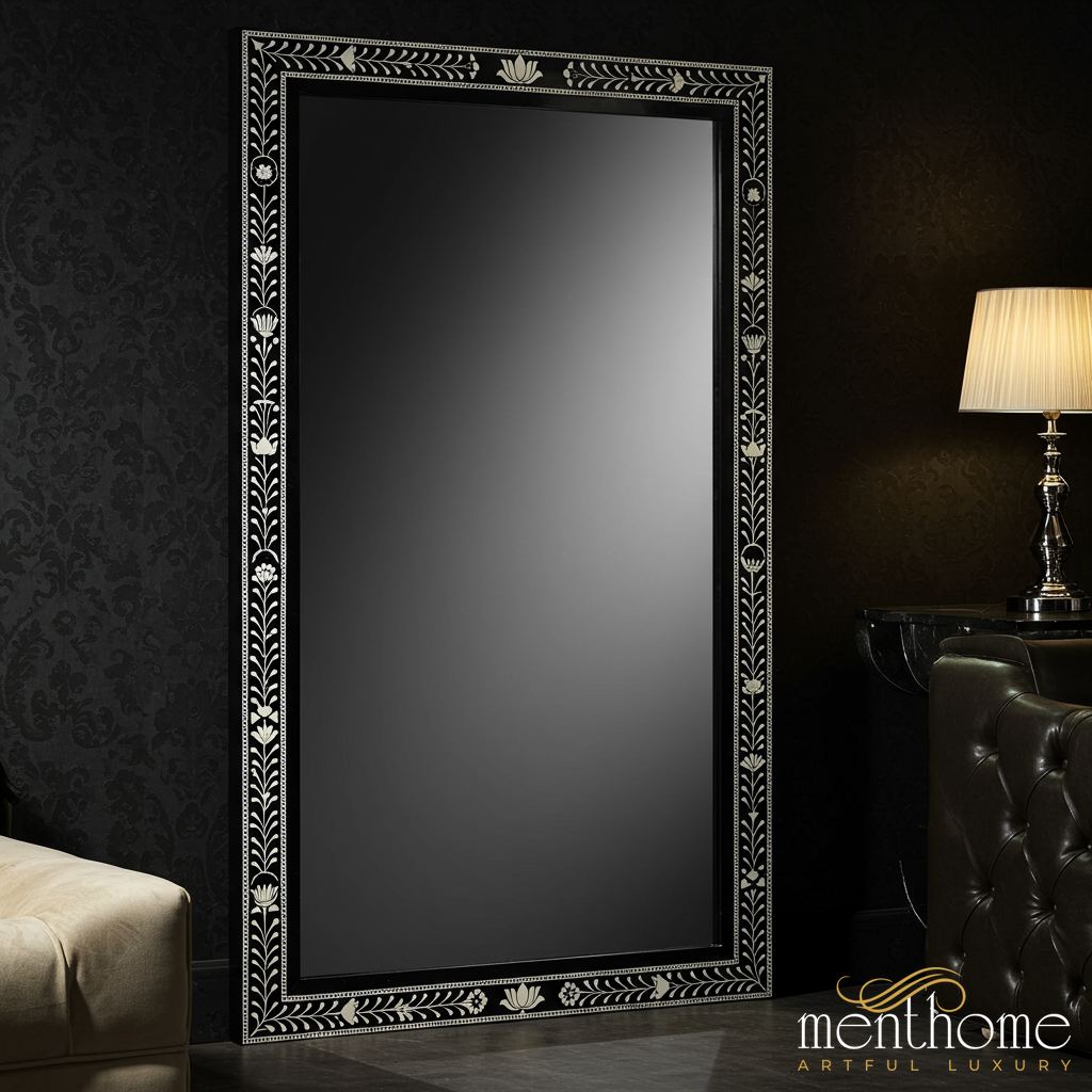 Large Floor Standing Mirror with Black and White Floral Frame | Luxury Handmade Mirror