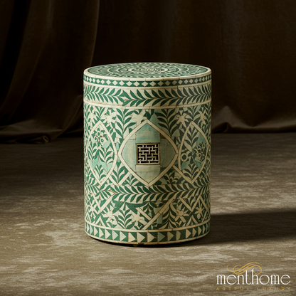 Handcrafted Decorative Green and White Bone Inlay Storage Box | Luxury Handmade Stool