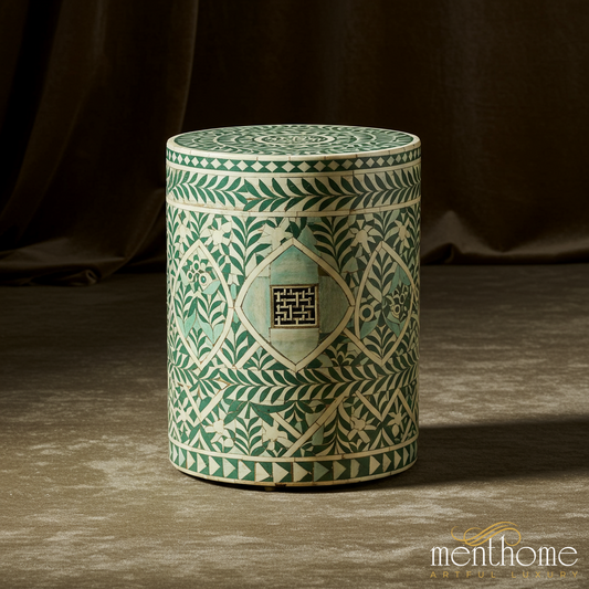 Handcrafted Decorative Green and White Bone Inlay Storage Box | Luxury Handmade Stool