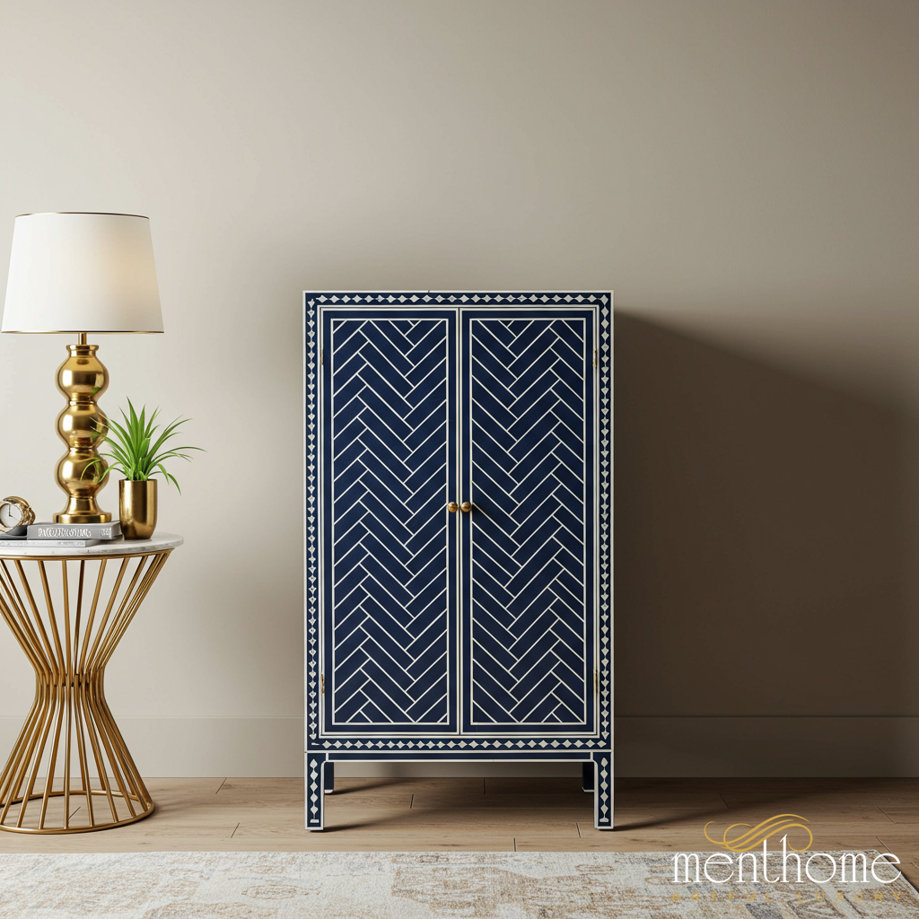 Navy Blue Bone Inlay Storage Cabinet | Luxury Handmade Cabinet
