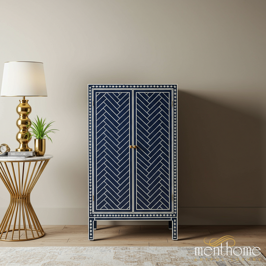Navy Blue Bone Inlay Storage Cabinet | Luxury Handmade Cabinet