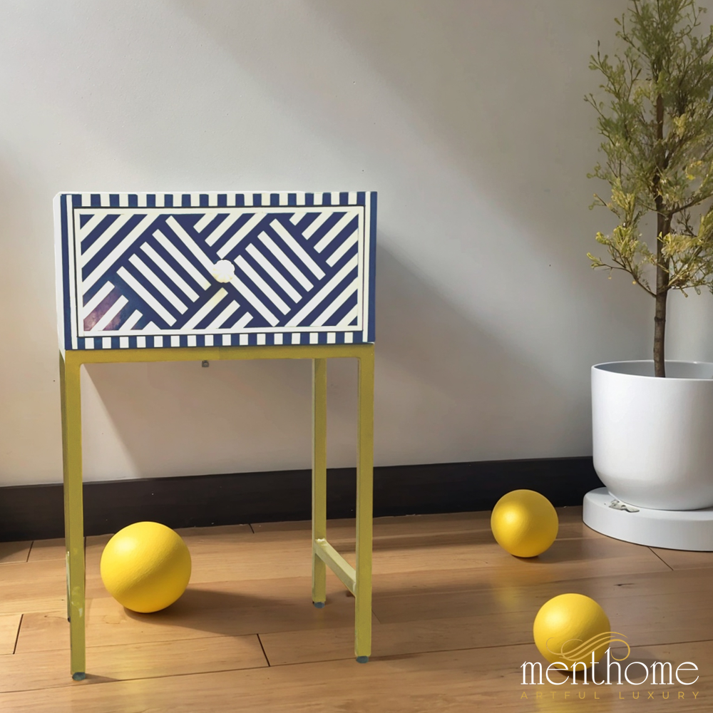 Optical Design Resin Navy Blue Bedside Table with Brass Stand | Luxury Handmade Bedside Table