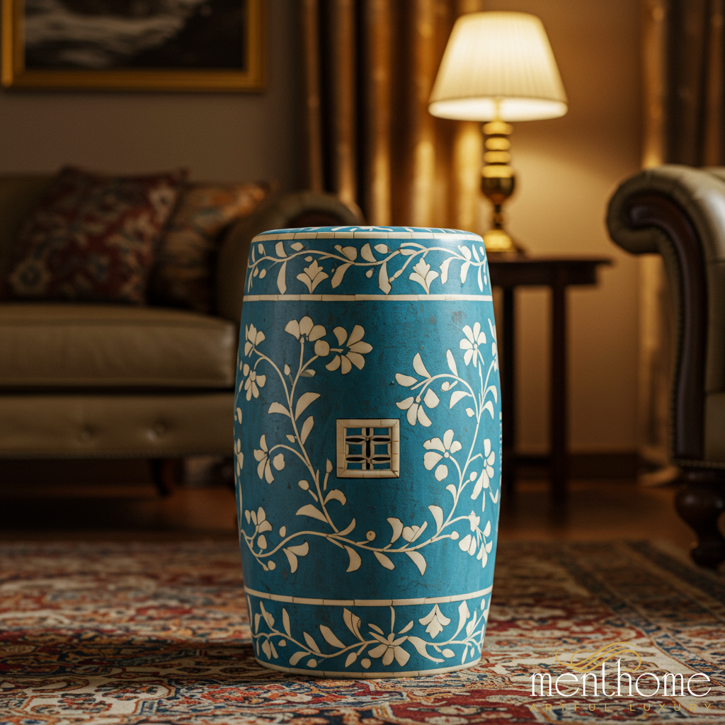 Blue Floral inlay Garden Stool | Luxury Handmade Stool