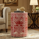 Elegant Red Floral inlay Drum Stool | Luxury Handmade Side Table