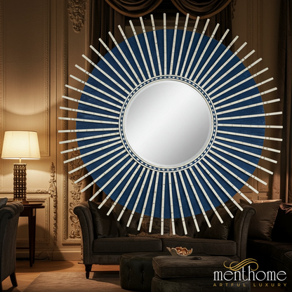 Decorative Sunburst Wall Mirror with Blue and White Frame | Luxury Handmade Mirror